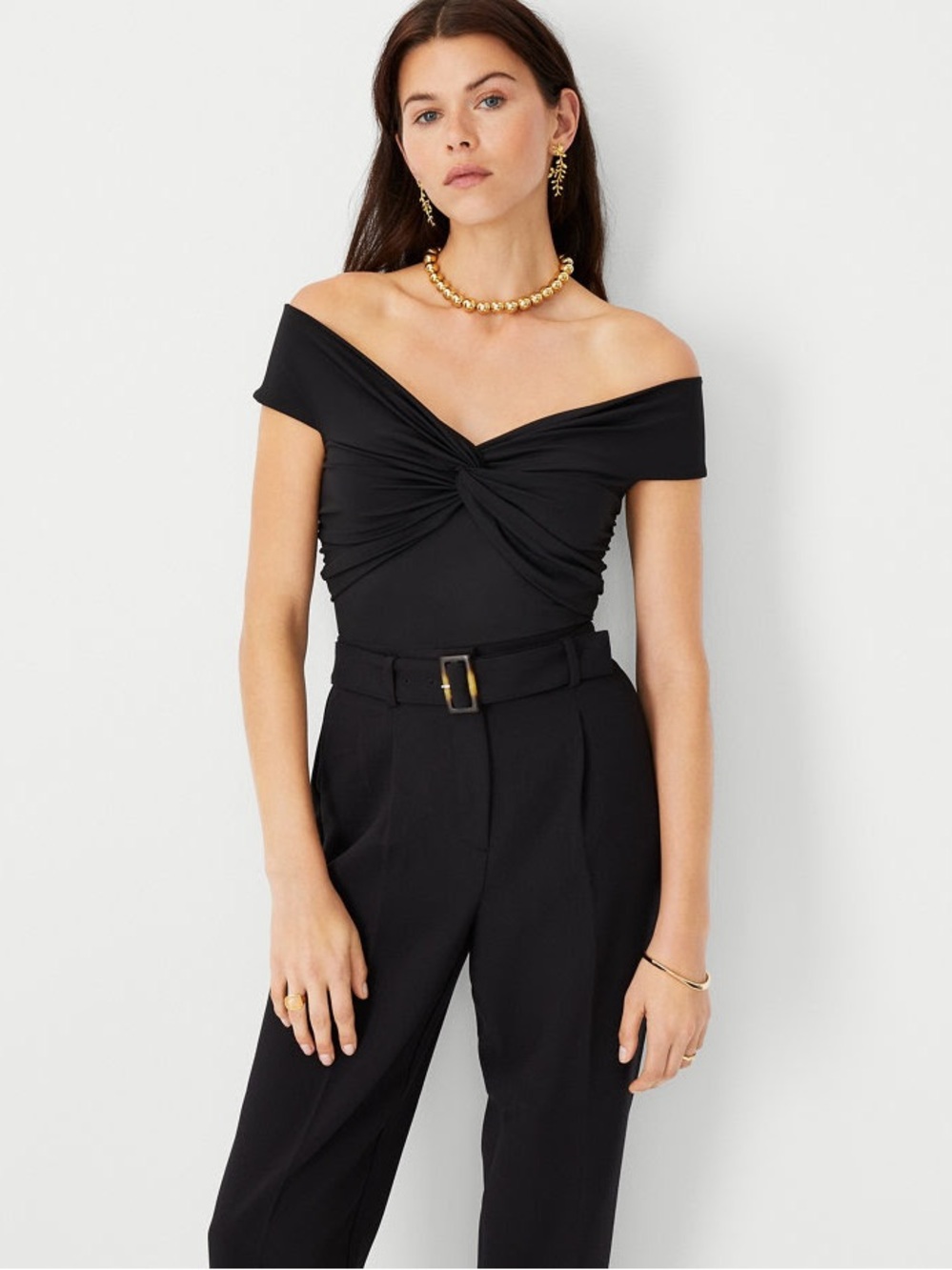 Ann Taylor Black Off-Shoulder Twist Front Camisole